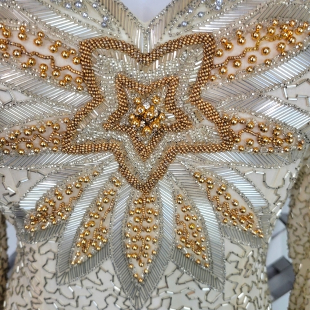Stunning Vintage Black Tie Cream, Silver and Gold Sequin Open Back Dress Size 8 - Picture 3 of 16